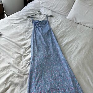 Floral Blue Maxi Dress Backless